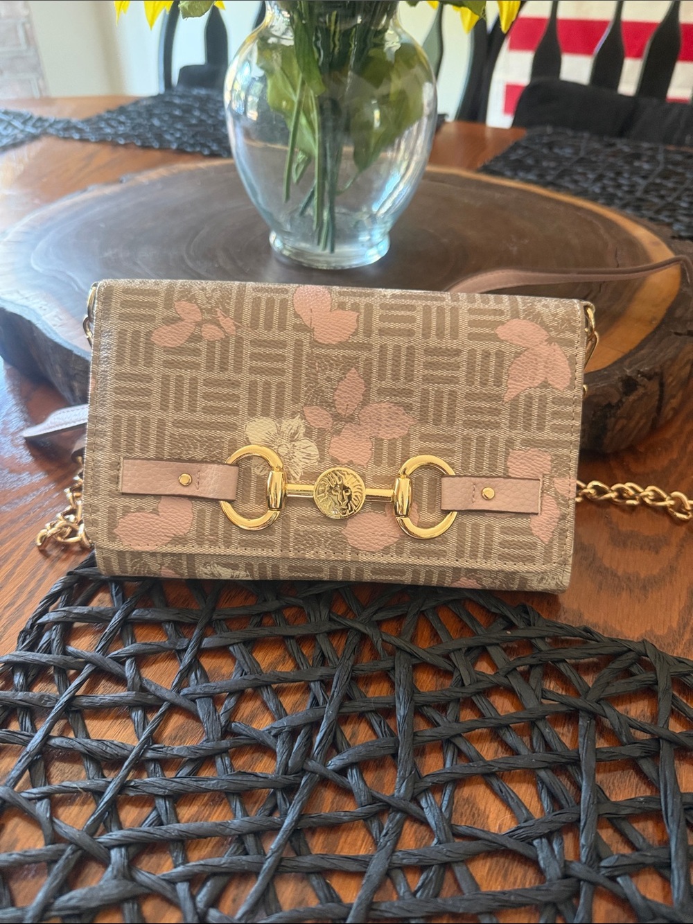 Floral Pattern Chain Strap Crossbody Bag - Pink & Taupe